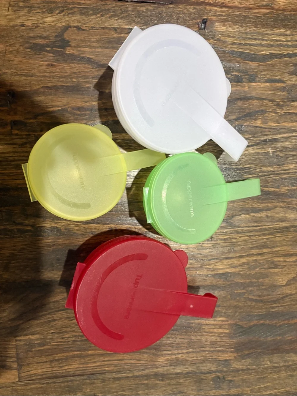 Tupperware vintage hanging storage set 4- Red, Green, Clear, Yellow